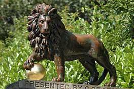 A Bronze lion located in Royal Victoria Park, Bath